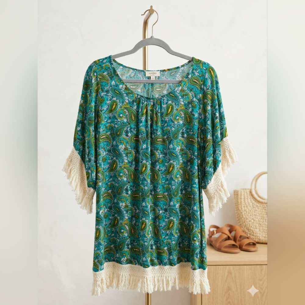 UMGEE Womens Boho Pheasant Chic Bohemian Paisley Fringe 3/4 Sleeve Dress S